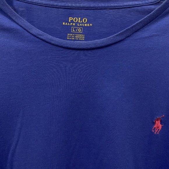 POLO RALPH LAUREN Mens Short Sleeve Solid BLUE Crew Neck T-Shirt Pink Logo LARGE - Picture 2 of 4